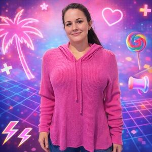 Casual Couture Pink Ribbed Knit Hooded Tunic Top Soft Stretch Long Sleeve Large